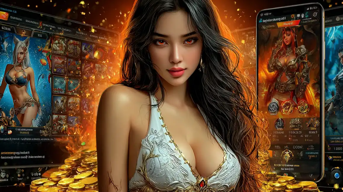 A beautiful goddess-like figure stands before piles of gold coins, with the KKBD mobile casino interface displaying fantasy-themed slot games.