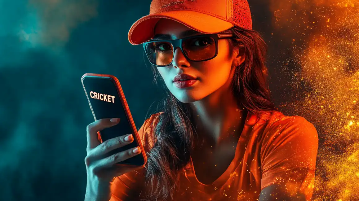 A focused woman in an orange cap and sportswear uses her phone for cricket betting on the KKBD platform, set against a dynamic teal and orange background.