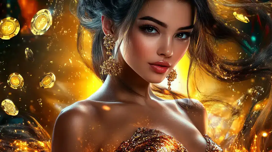 A glamorous woman with stunning earrings is surrounded by a shower of golden light and casino coins, embodying the luxurious winning experience at KKBD BET.