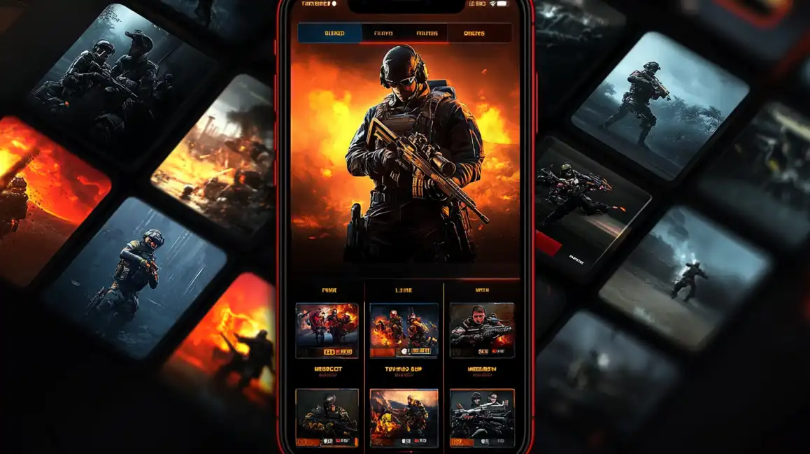 The KKBD mobile app displays a lobby for a modern combat shooter game, with a soldier in full gear as the central figure, promising intense action.
