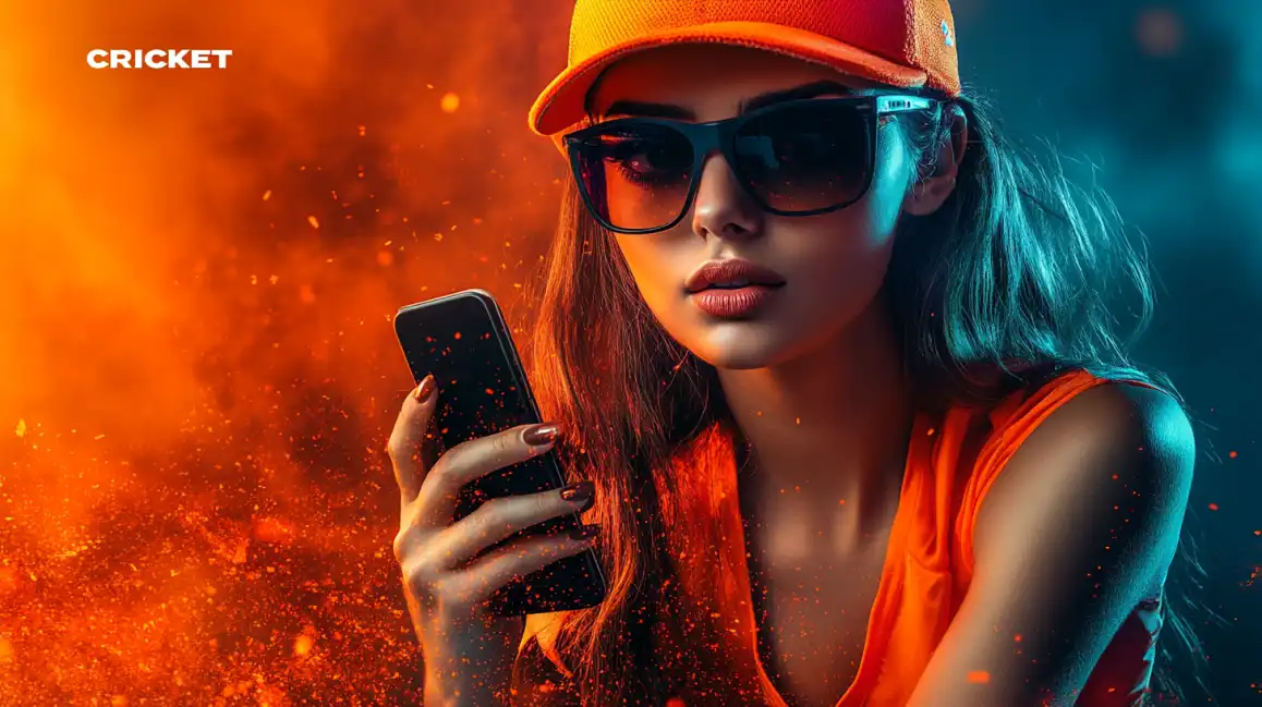 A woman in an orange shirt and cap uses her smartphone, with the word 'CRICKET; and an energetic background, ready to place a bet on the KKBD sportsbook.