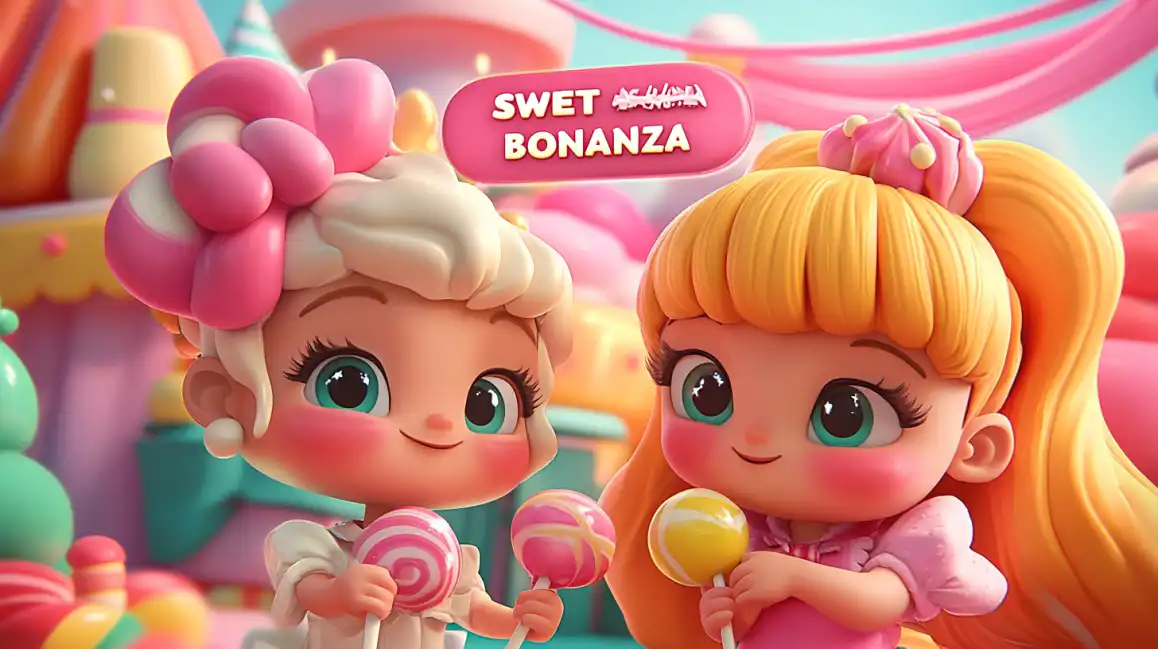 Promotional art for the Sweet Bonanza slot game, featuring two cute anime-style characters in a land made of candy. Play this popular game now at KKBD.