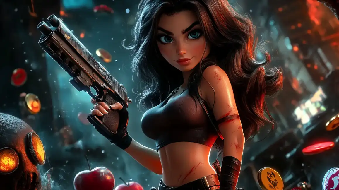 A powerful female character with stylized features holds a large handgun, representing the action and adventure found in the slot games on the KKBD platform.