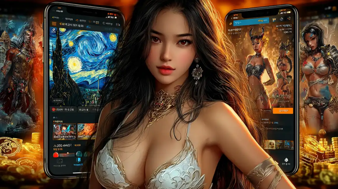 A gorgeous woman is surrounded by the KKBD BET mobile app interface, showcasing a diverse library of games from fantasy warriors to classic art-themed slots.