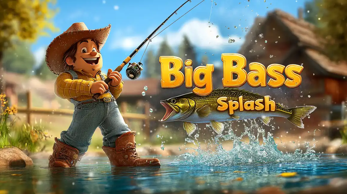 The official promo image for the Big Bass Splash slot game, featuring a cheerful fisherman who has just caught a large bass. Reel in big wins with KKBD.
