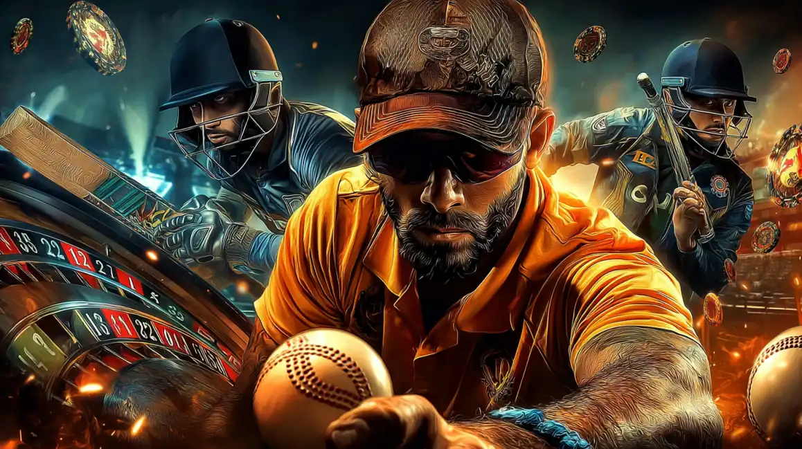 A montage of intense male cricketers ready for action, with a large roulette wheel in the foreground, showcasing the blend of sports and casino gaming at KKBD.