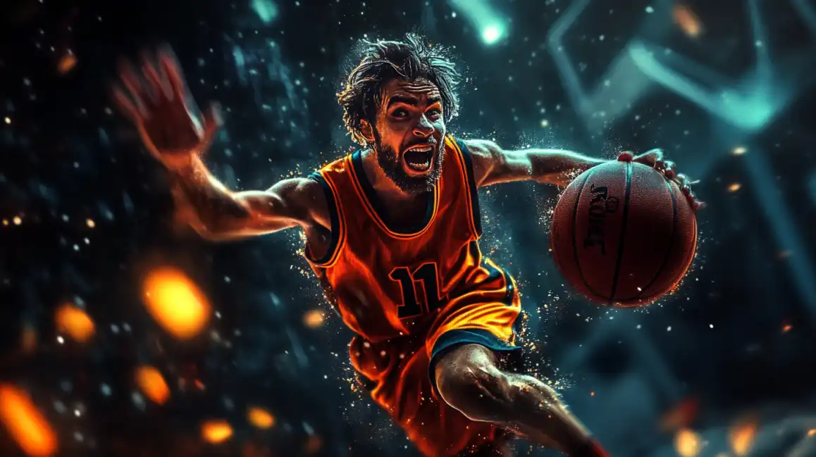 A basketball player in mid-air, about to score, surrounded by a celestial, starry effect that captures the magic of top-tier sports betting on KKBD BET.