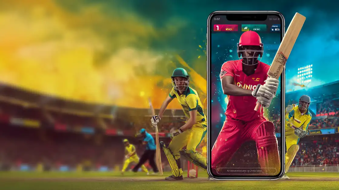 A smartphone screen displays live cricket action, showing players on the field, bringing the excitement of the game directly to you through the KKBD BET mobile app.
