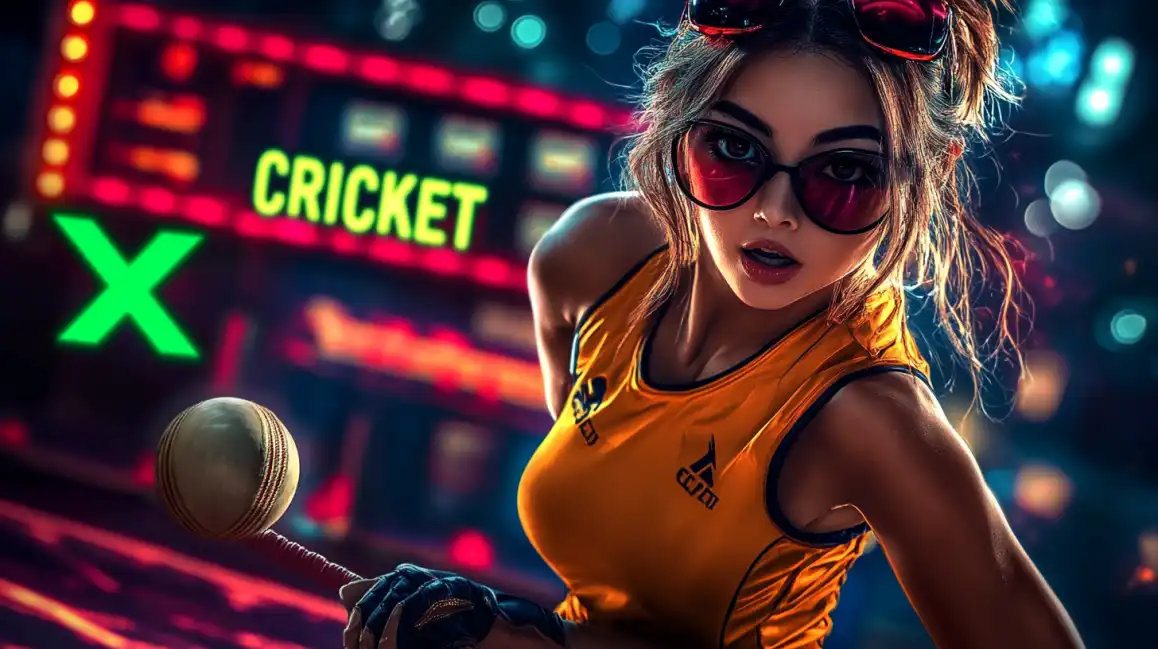 A cool woman in sunglasses and a yellow top holds a cricket ball, ready to play, with a neon 'CRICKET' sign in the background, promoting sports betting on KKBD BET.