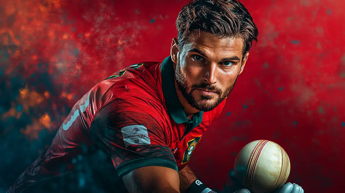 Feel the Passion of Cricket at KKBD Sports An intense portrait of a male cricketer holding a ball against a dramatic red and blue background, capturing the passion of the sport available for betting on KKBD.