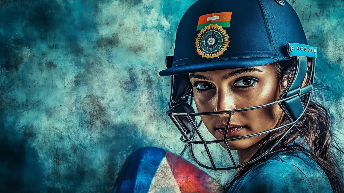 Bet on International Cricket Teams at KKBD A close-up of a determined female cricketer wearing a helmet with the Indian flag emblem, representing the high stakes of international cricket betting on KKBD.