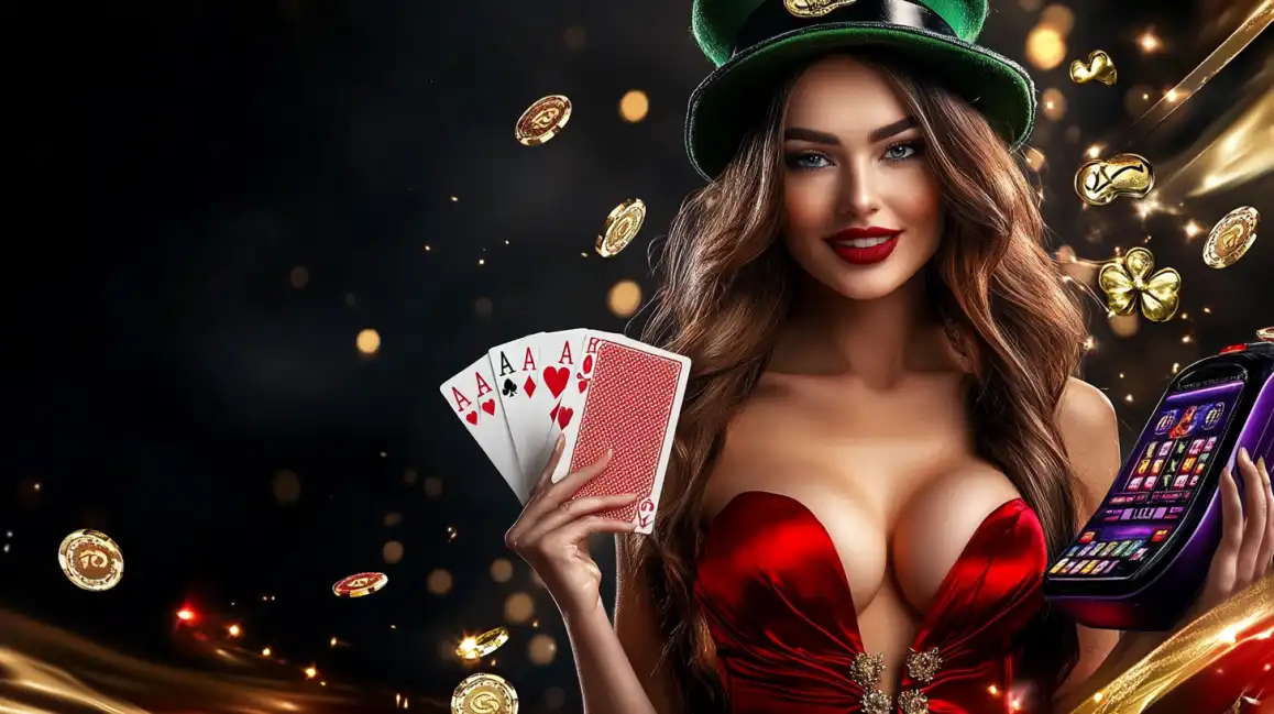 A woman in a festive red hat holds two aces while looking at the camera, with golden coins floating around, inviting you to try your luck at card games on KKBD BET.