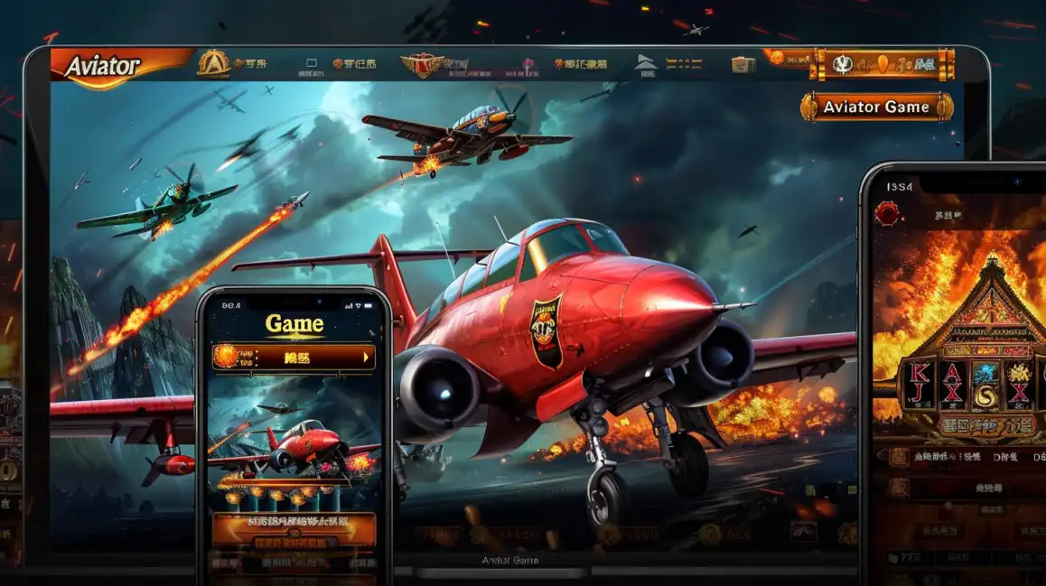 The KKBD BET Aviator game is shown on multiple devices, with a red plane soaring through an Asian-inspired landscape, offering a unique and exciting betting game.