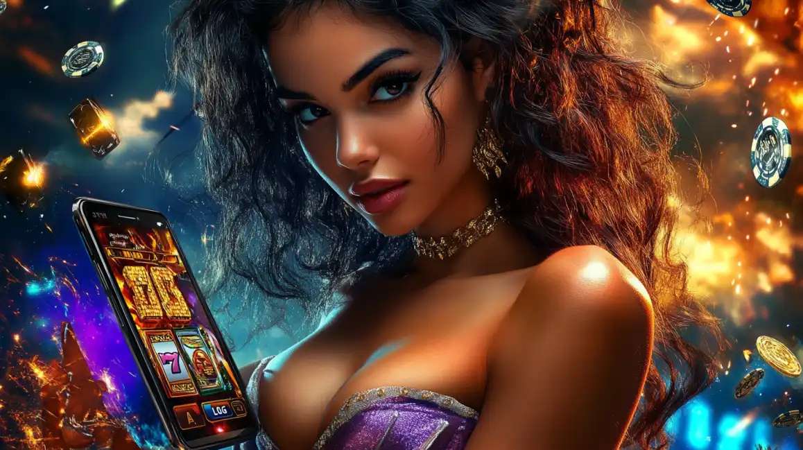 A stunning woman holds a smartphone showing a jackpot win on a 777 slot game on the KKBD BET app, with a fiery, explosive background of casino chips and light.