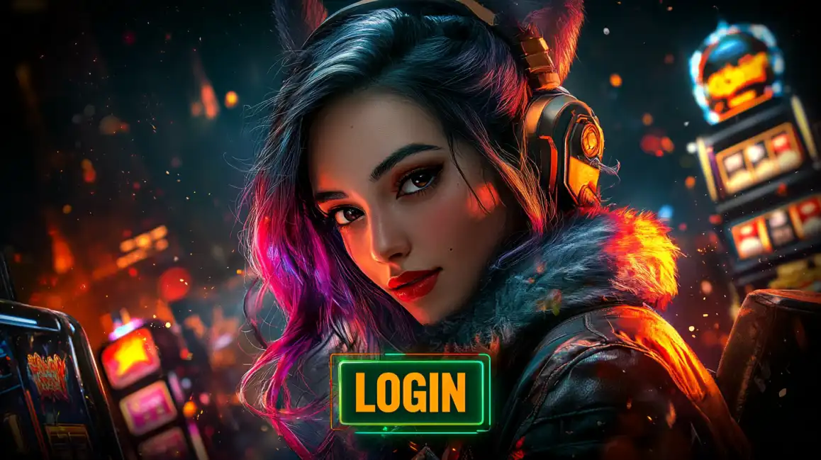 A cool female gamer with colorful hair and cat-ear headphones is ready to play, with a glowing green 'LOGIN' button inviting users to join the action at KKBD BET.