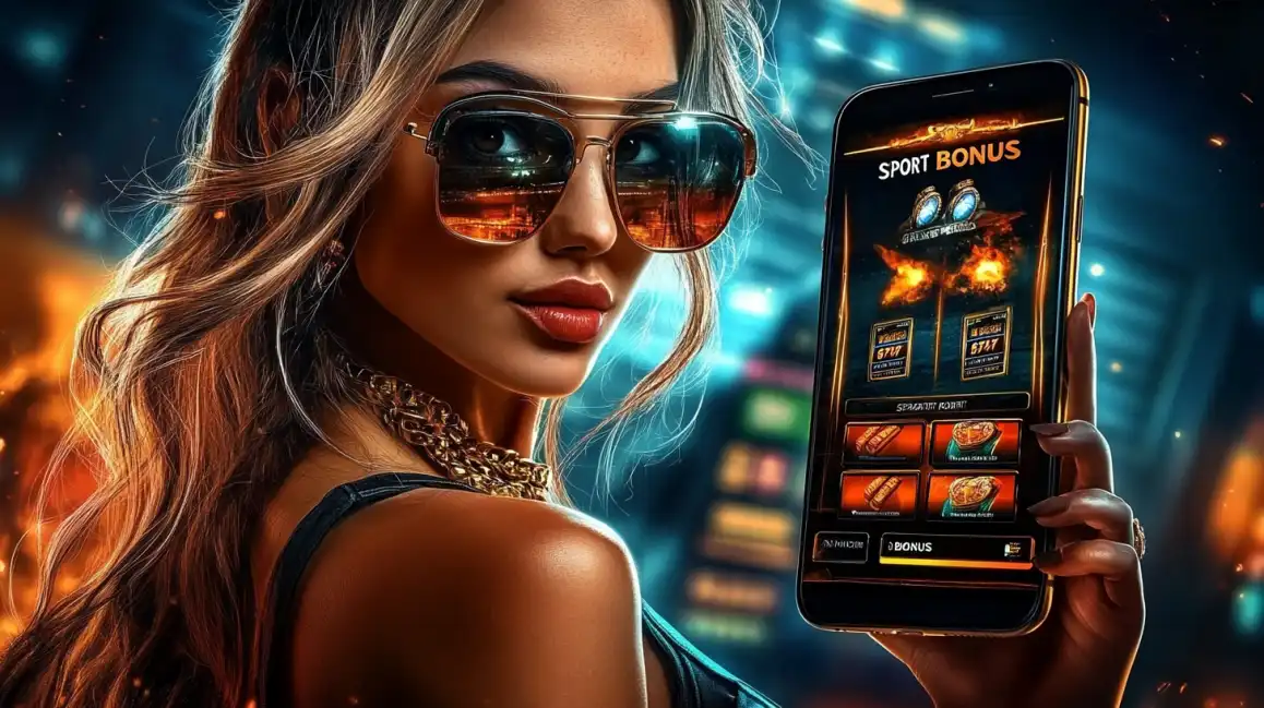 A stylish woman in sunglasses holds a phone displaying a 'Sport Bonus' offer from KKBD BET, highlighting the exciting promotions available for sports betting enthusiasts.