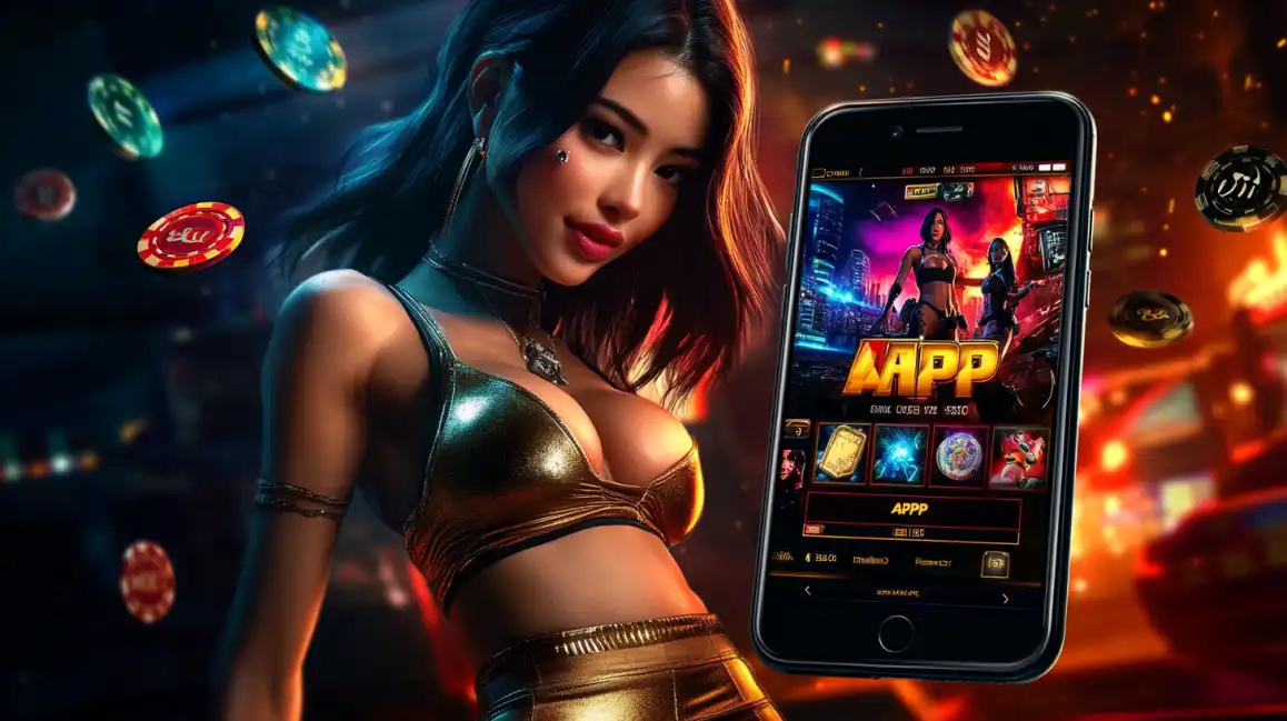 An attractive woman in a golden outfit presents a smartphone with the KKBD BET mobile app, featuring a futuristic game lobby with powerful female characters.