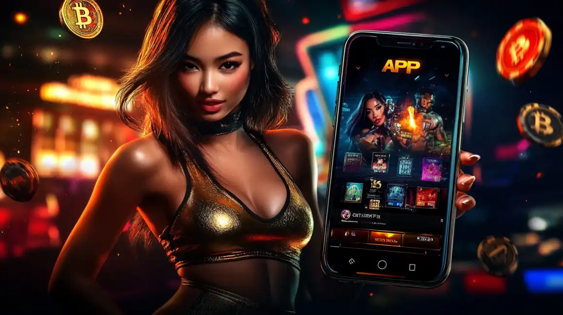 A beautiful woman showcases the KKBD BET mobile app on her phone, featuring a game library with sci-fi and fantasy characters, with Bitcoin symbols floating around.