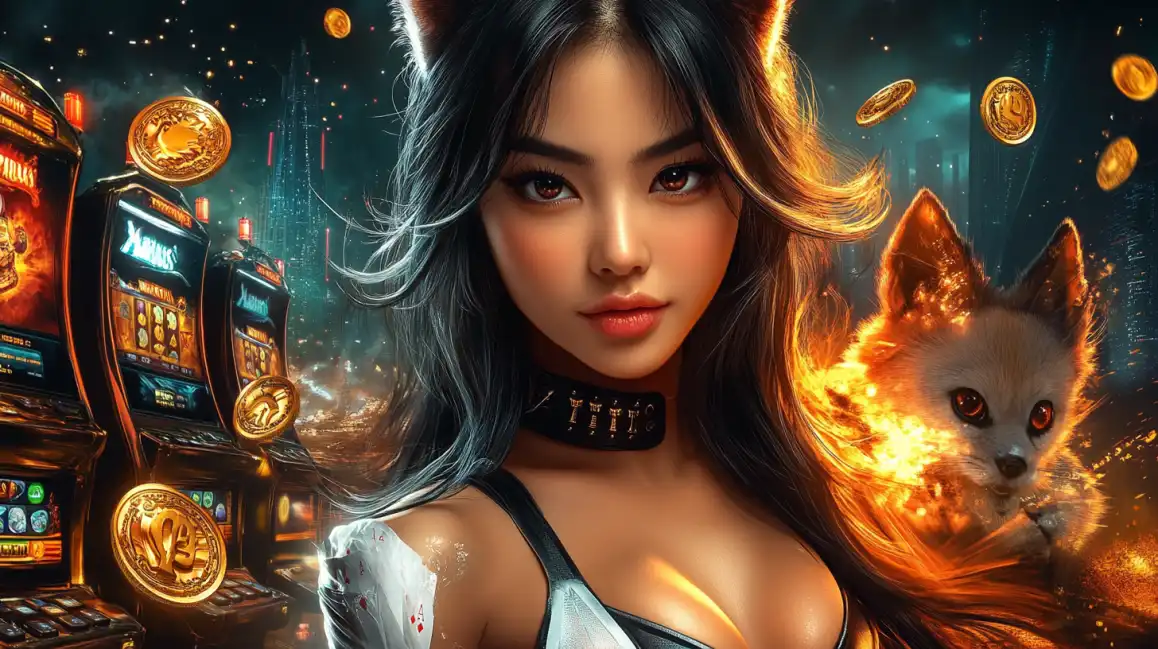 A captivating woman with fox ears is pictured in a high-tech casino setting with slot machines, alongside a spirit fox, representing the fantasy slots on KKBD BET.